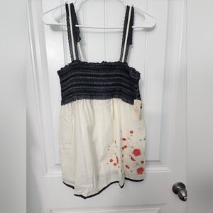 NEW! Twenty One Smocked Top in Dark Grey and Cream, Size Large